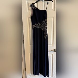 Xscape Navy One-Shoulder Evening Gown with Silver Floral Embroidery